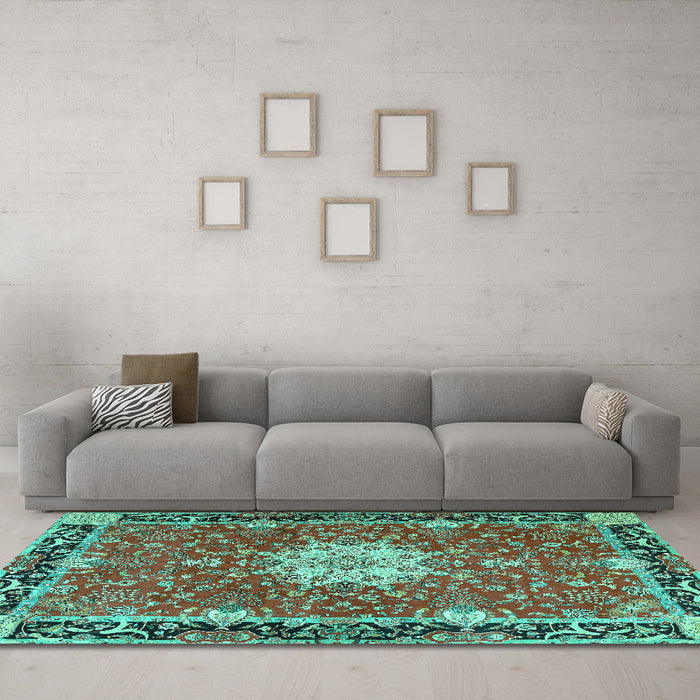 Machine Washable Persian Turquoise Traditional Area Rugs in a Living Room,, wshtr4296turq