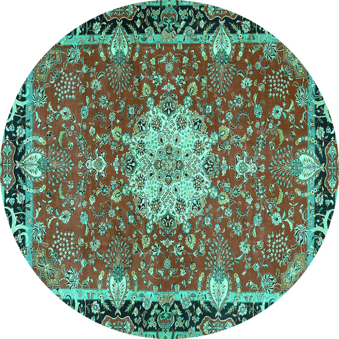 Round Machine Washable Persian Turquoise Traditional Area Rugs, wshtr4296turq