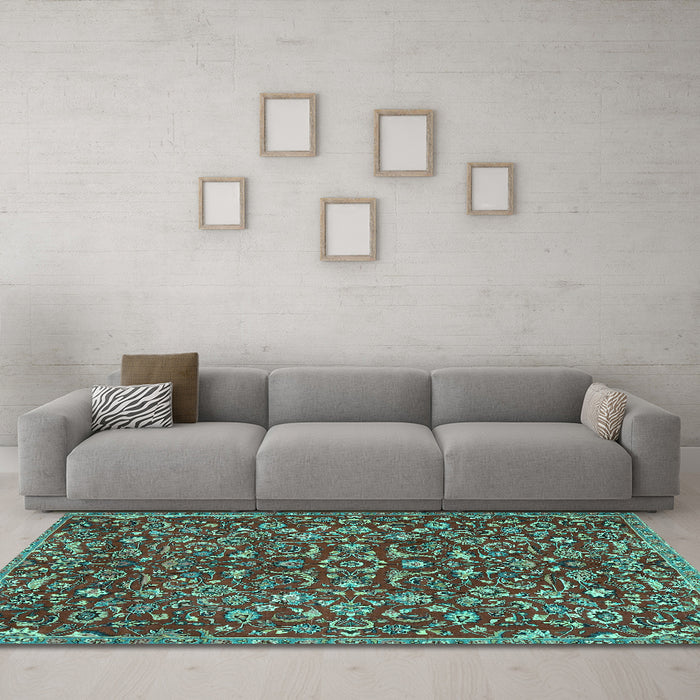 Machine Washable Persian Turquoise Traditional Area Rugs in a Living Room,, wshtr4297turq