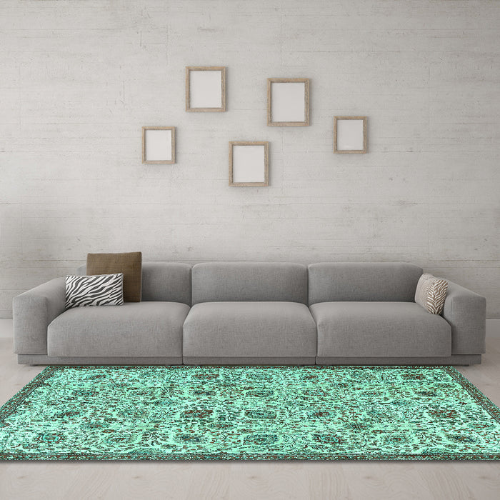 Machine Washable Persian Turquoise Traditional Area Rugs in a Living Room,, wshtr4298turq