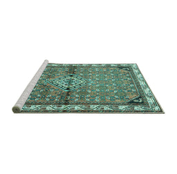 Sideview of Machine Washable Persian Turquoise Traditional Area Rugs, wshtr429turq