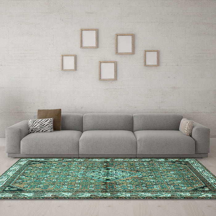 Machine Washable Persian Turquoise Traditional Area Rugs in a Living Room,, wshtr429turq