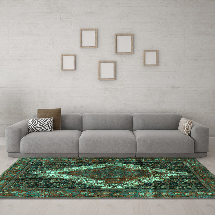 Machine Washable Persian Turquoise Traditional Area Rugs in a Living Room,, wshtr42turq