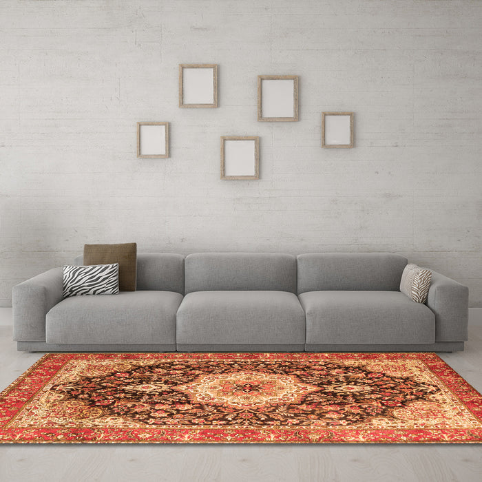 Machine Washable Medallion Orange Traditional Area Rugs in a Living Room, wshtr4324org