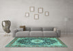 Machine Washable Medallion Turquoise Traditional Area Rugs in a Living Room,, wshtr4324turq