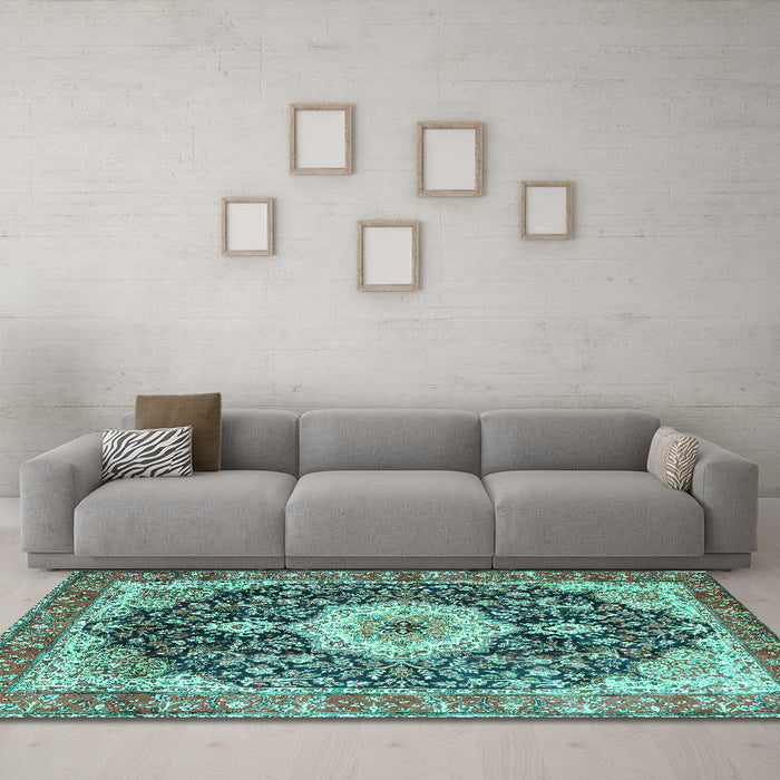 Machine Washable Medallion Turquoise Traditional Area Rugs in a Living Room,, wshtr4324turq