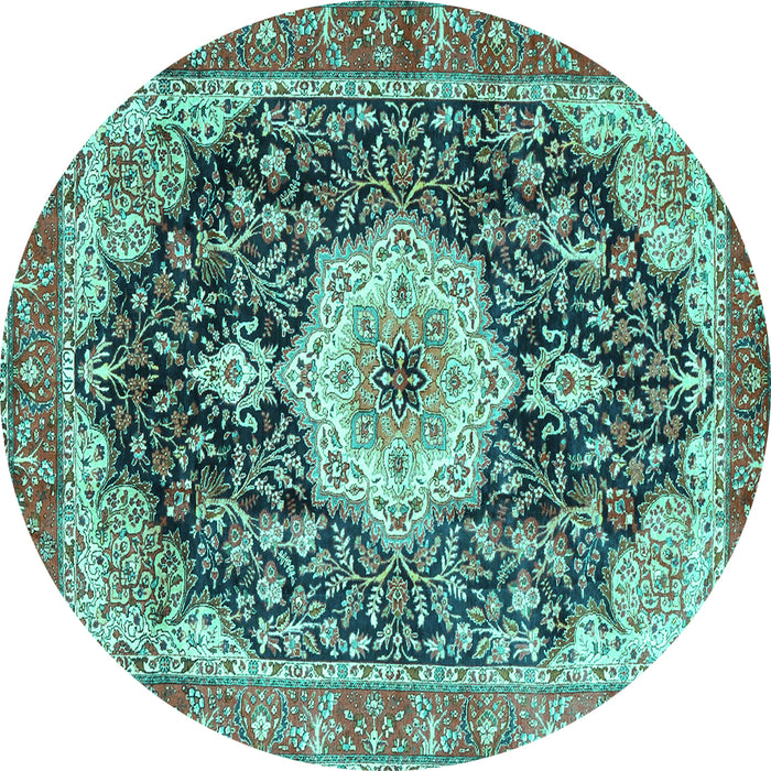 Round Machine Washable Medallion Turquoise Traditional Area Rugs, wshtr4324turq
