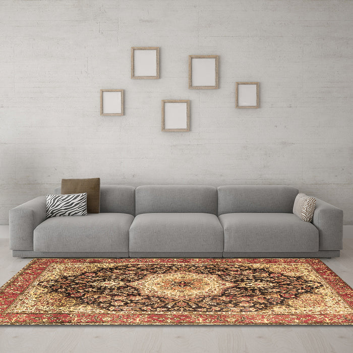 Machine Washable Medallion Brown Traditional Rug in a Living Room,, wshtr4324brn