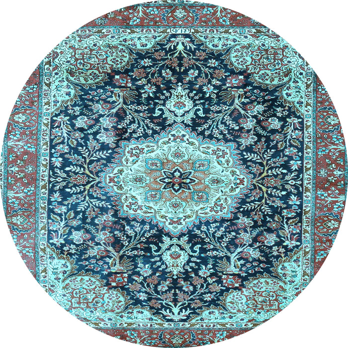 Round Machine Washable Medallion Light Blue Traditional Rug, wshtr4324lblu