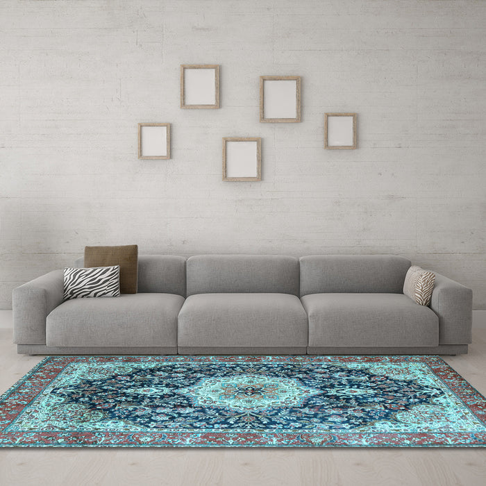 Machine Washable Medallion Light Blue Traditional Rug in a Living Room, wshtr4324lblu