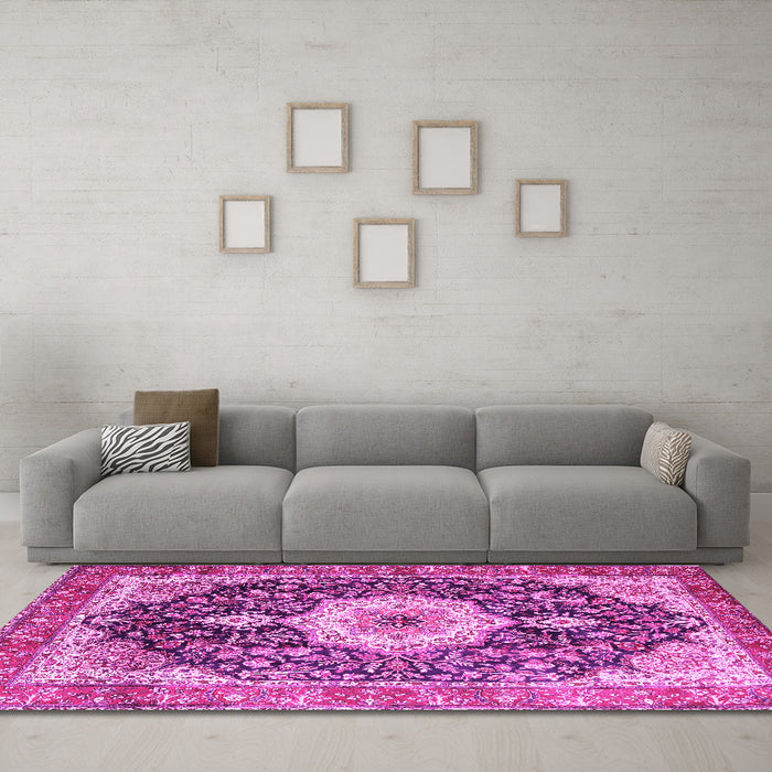 Machine Washable Medallion Pink Traditional Rug in a Living Room, wshtr4324pnk
