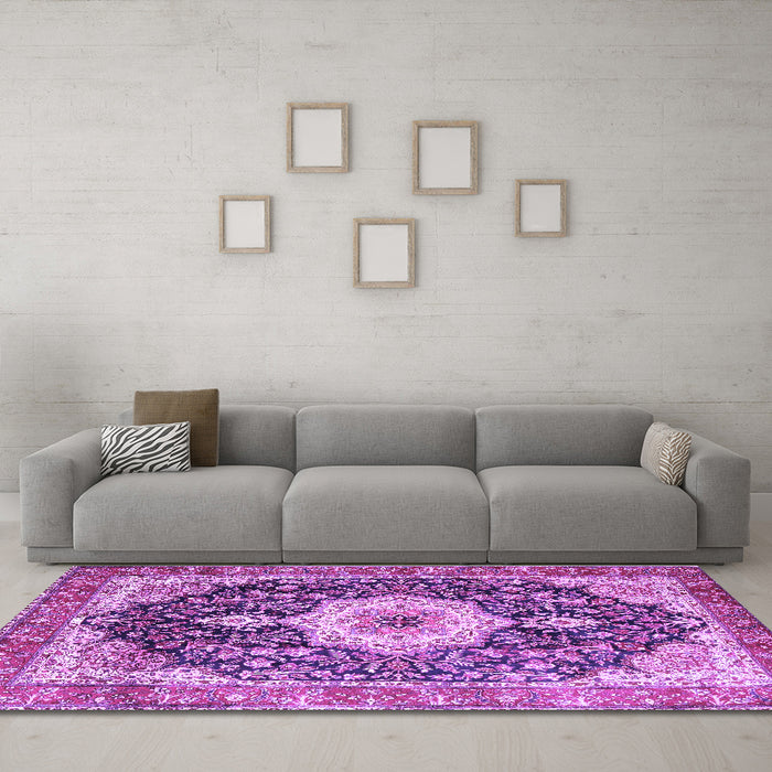 Machine Washable Medallion Purple Traditional Area Rugs in a Living Room, wshtr4324pur