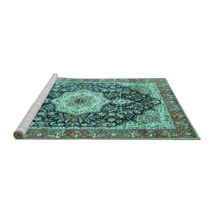 Sideview of Machine Washable Medallion Turquoise Traditional Area Rugs, wshtr4324turq