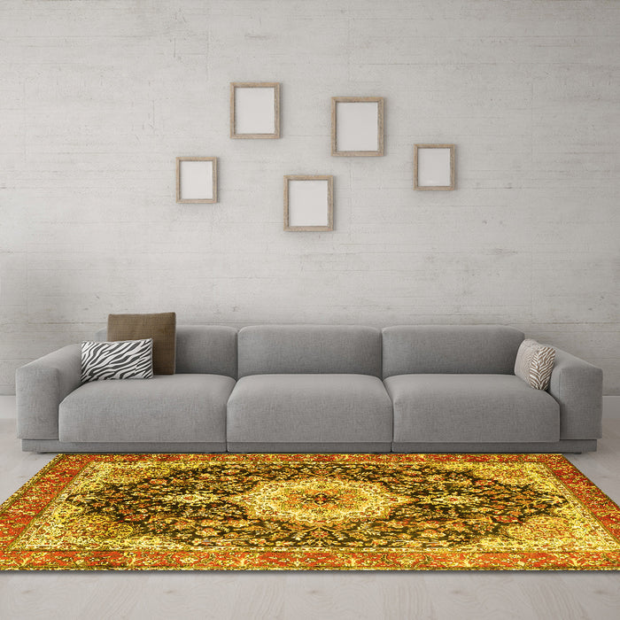 Machine Washable Medallion Yellow Traditional Rug in a Living Room, wshtr4324yw