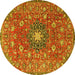 Round Machine Washable Medallion Yellow Traditional Rug, wshtr4325yw