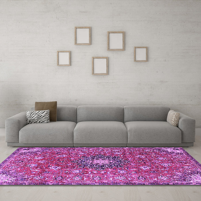 Machine Washable Medallion Purple Traditional Area Rugs in a Living Room, wshtr4325pur