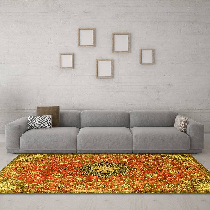 Machine Washable Medallion Yellow Traditional Rug in a Living Room, wshtr4325yw