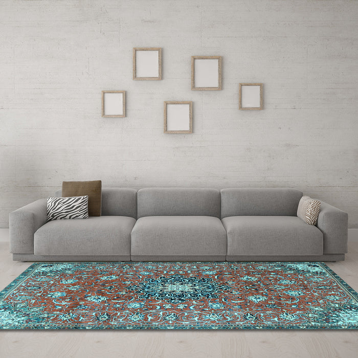 Machine Washable Medallion Light Blue Traditional Rug in a Living Room, wshtr4325lblu