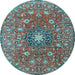 Round Machine Washable Medallion Light Blue Traditional Rug, wshtr4325lblu