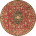 Round Machine Washable Medallion Brown Traditional Rug, wshtr4325brn