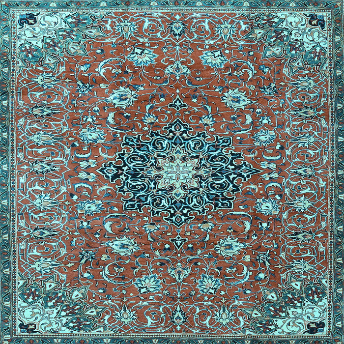 Square Machine Washable Medallion Light Blue Traditional Rug, wshtr4325lblu