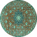 Round Machine Washable Medallion Turquoise Traditional Area Rugs, wshtr4325turq