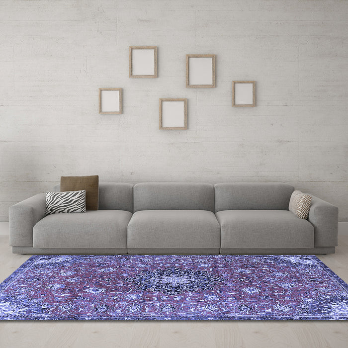 Machine Washable Medallion Blue Traditional Rug in a Living Room, wshtr4325blu