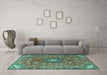 Machine Washable Medallion Turquoise Traditional Area Rugs in a Living Room,, wshtr4325turq