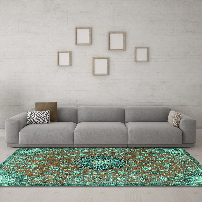 Machine Washable Medallion Turquoise Traditional Area Rugs in a Living Room,, wshtr4325turq