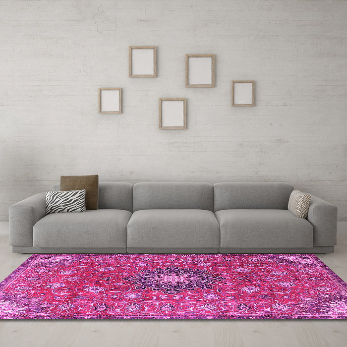 Machine Washable Medallion Pink Traditional Rug in a Living Room, wshtr4325pnk