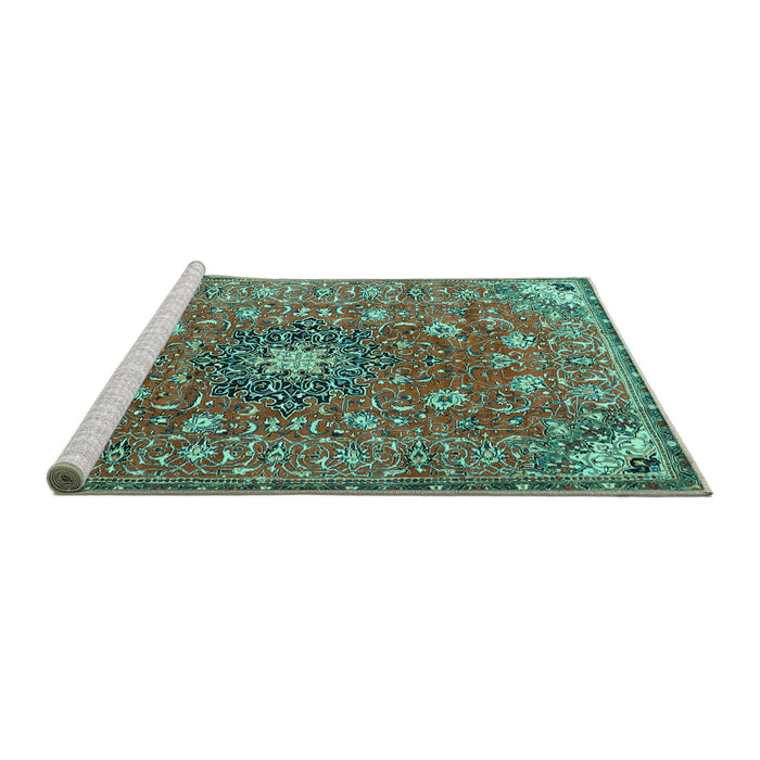 Sideview of Machine Washable Medallion Turquoise Traditional Area Rugs, wshtr4325turq