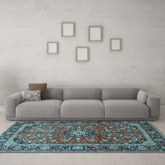Machine Washable Medallion Light Blue Traditional Rug in a Living Room, wshtr4326lblu