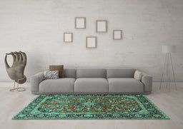 Machine Washable Medallion Turquoise Traditional Area Rugs in a Living Room,, wshtr4326turq