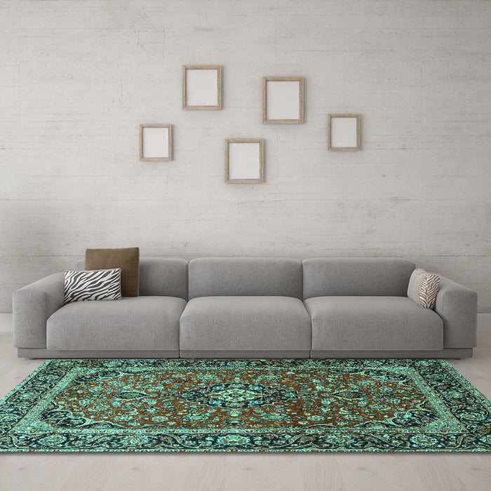 Machine Washable Medallion Turquoise Traditional Area Rugs in a Living Room,, wshtr4326turq