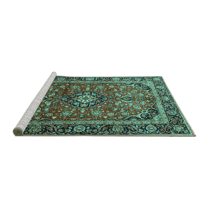 Sideview of Machine Washable Medallion Turquoise Traditional Area Rugs, wshtr4326turq
