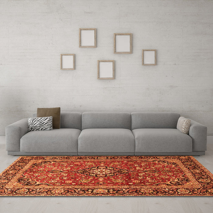 Machine Washable Medallion Orange Traditional Area Rugs in a Living Room, wshtr4326org