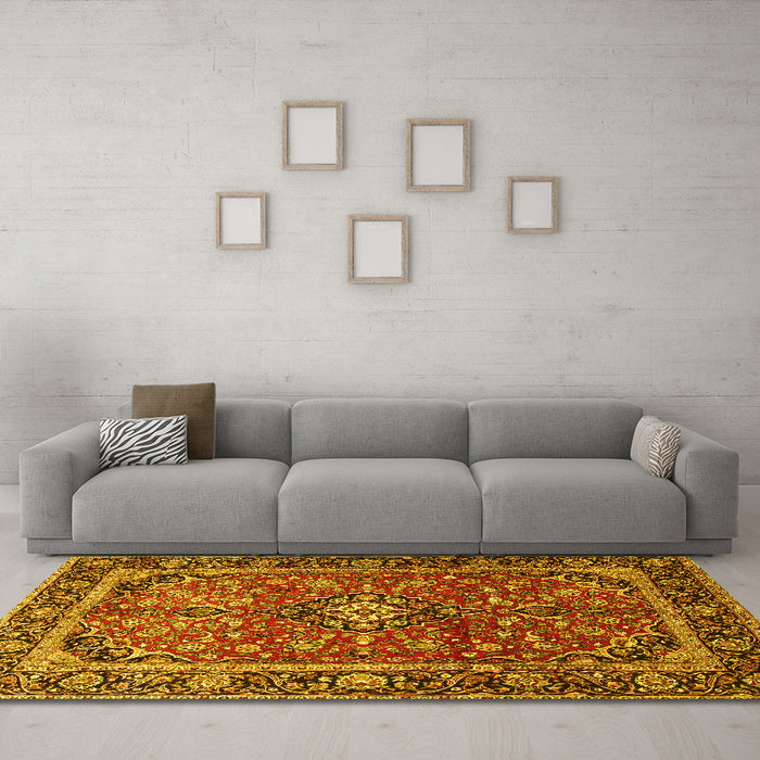 Machine Washable Medallion Yellow Traditional Rug in a Living Room, wshtr4326yw