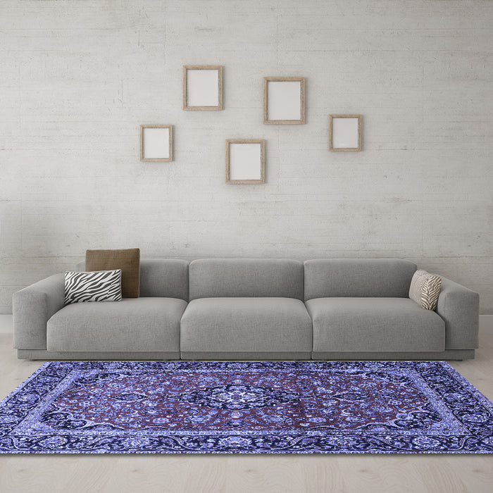 Machine Washable Medallion Blue Traditional Rug in a Living Room, wshtr4326blu