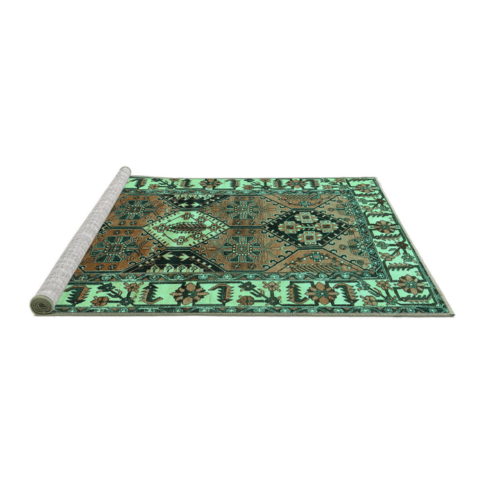 Sideview of Machine Washable Persian Turquoise Traditional Area Rugs, wshtr4327turq