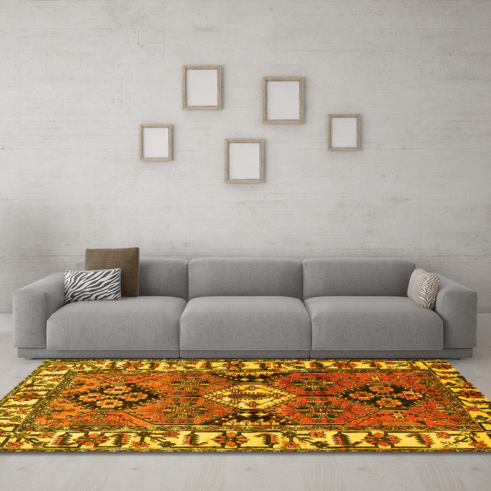 Machine Washable Persian Yellow Traditional Rug in a Living Room, wshtr4327yw