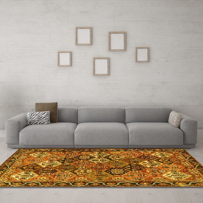 Machine Washable Persian Yellow Traditional Rug in a Living Room, wshtr4328yw
