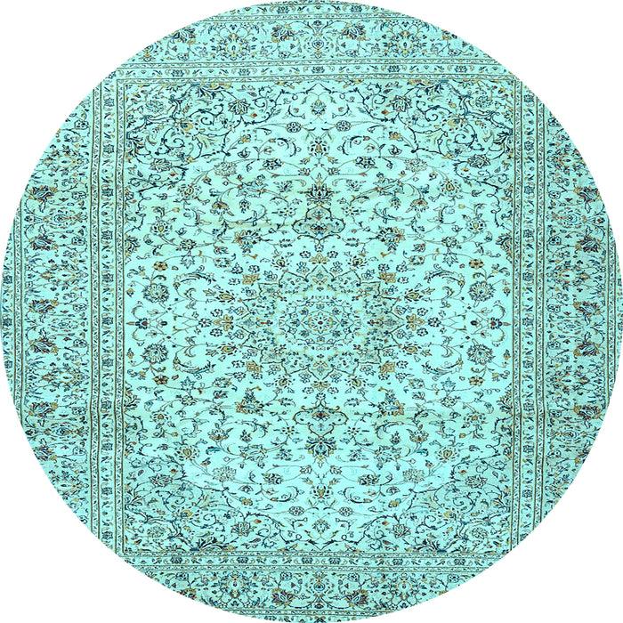 Round Machine Washable Medallion Light Blue Traditional Rug, wshtr4329lblu