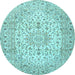 Round Machine Washable Medallion Light Blue Traditional Rug, wshtr4329lblu