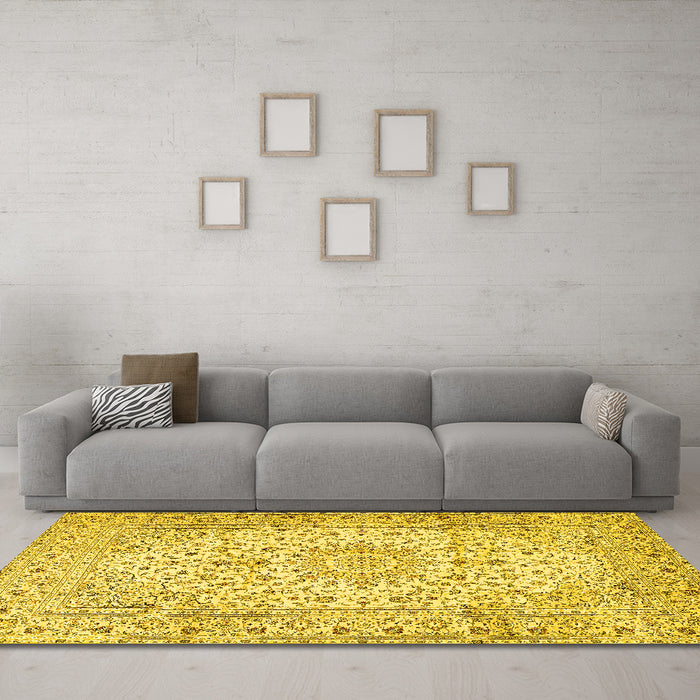 Machine Washable Medallion Yellow Traditional Rug in a Living Room, wshtr4329yw
