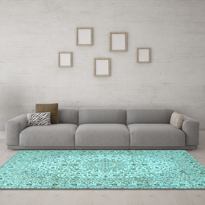 Machine Washable Medallion Light Blue Traditional Rug in a Living Room, wshtr4329lblu
