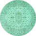 Round Machine Washable Medallion Turquoise Traditional Area Rugs, wshtr4329turq