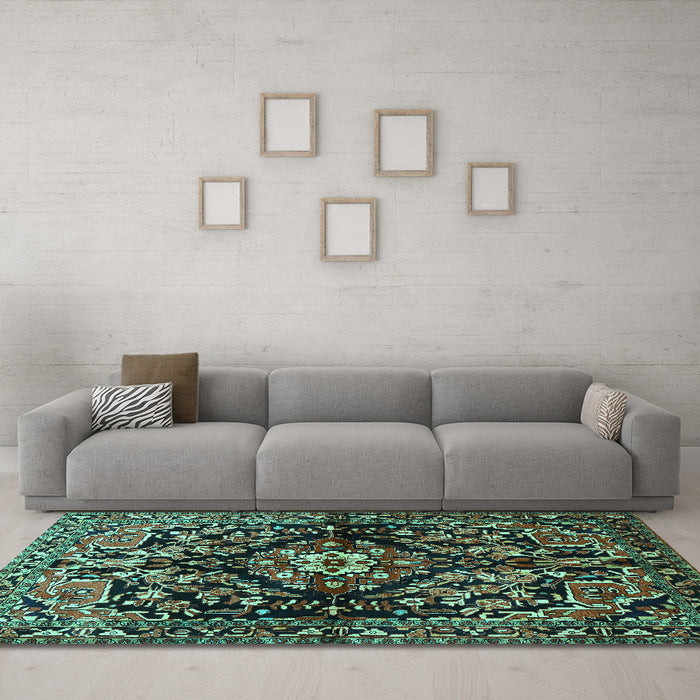 Machine Washable Persian Turquoise Traditional Area Rugs in a Living Room,, wshtr432turq