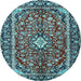 Round Machine Washable Medallion Light Blue Traditional Rug, wshtr4331lblu