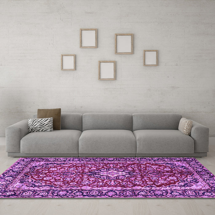 Machine Washable Medallion Purple Traditional Area Rugs in a Living Room, wshtr4331pur