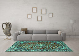 Machine Washable Medallion Turquoise Traditional Area Rugs in a Living Room,, wshtr4331turq